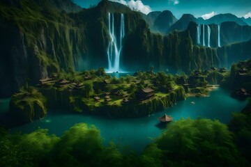 Mysterious floating islands with waterfalls in the distance.