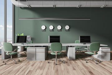 Green coworking interior with technology, world clock and window