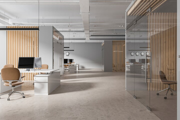 Stylish office interior with workplace, pc computers in row and glass room