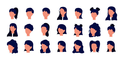 Set of faces in profile with different color hairstyles. Ponytails, buns, curls, long hair. Vector stock illustration. Isolated. White background. Flat style. Characters