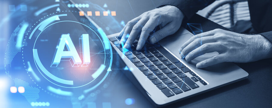 Top view of man hands texting in laptop, AI hologram and machine learning