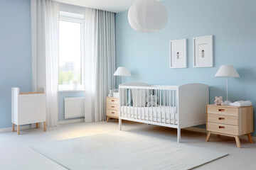 Minimalistic newborn baby room with light blue walls
