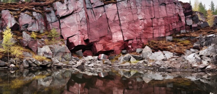 A piece of red rock in a village in Karelia With copyspace for text