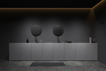 Gray and tiled bathroom interior with double sink