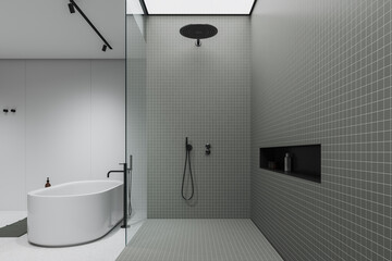 White and light gray tiled bathroom with tub and shower - obrazy, fototapety, plakaty