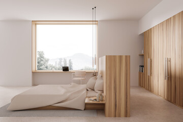 Fototapeta na wymiar White bedroom interior with wardrobe and table
