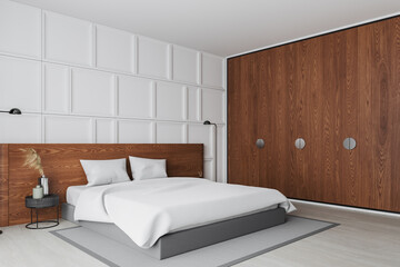 White pattern wall bedroom corner with wardrobe