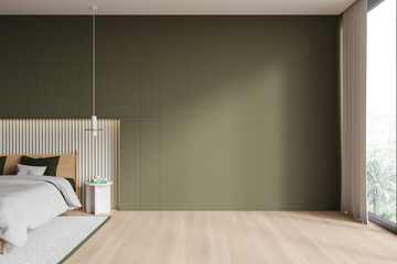 Green hotel bedroom interior with bed and mock up wall, panoramic window