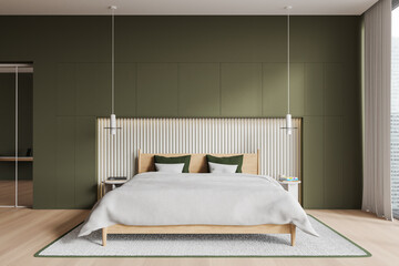 Minimalistic green master bedroom interior