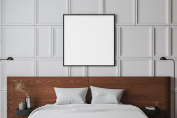 White bedroom interior with square poster