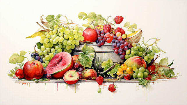 Watercolor painting featuring a beautiful arrangement of fruits