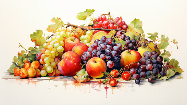 Watercolor painting featuring a beautiful arrangement of fruits