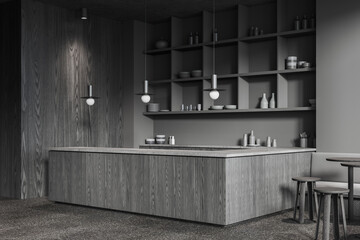 Gray and wooden cafe corner with bar and sofa