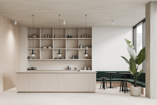 White and wooden cafe interior with bar and sofa