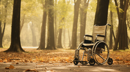 Wheelchair in a park - obrazy, fototapety, plakaty