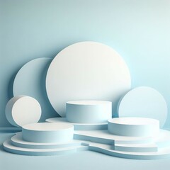 Beautiful minimalistic light blue background for product presentation with podiums on different tiers