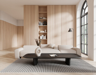 White and wooden living room interior with sofa and bookcase