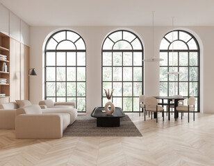 White home living room interior with eating table and couch, panoramic window