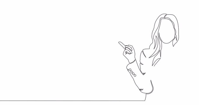 Self drawing line animation Young business woman showing something or presenting continuous one single line drawn concept video