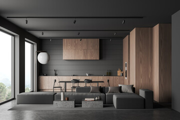 Wooden home studio interior with chill and cooking space, panoramic window