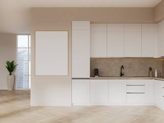 Beige kitchen interior with cabinets and poster