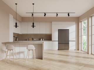 Beige home kitchen interior with cooking room, bar counter and panoramic window