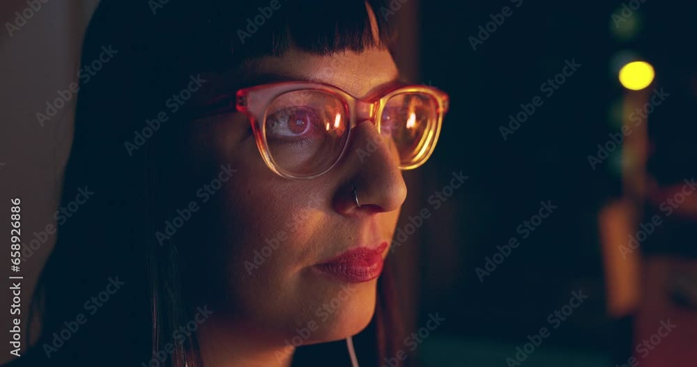 Poster Woman, closeup and concentrate at night for work, glasses and analytics for information management. Businesswoman, corporate and thinking with idea, research and data to complete business project