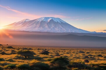 Sunset at Mount Kilimanjaro: Inspiring Summer Holiday Vacation Idea. Generative AI. - obrazy, fototapety, plakaty