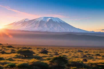 Foto auf Acrylglas Kilimandscharo Sunset at Mount Kilimanjaro: Inspiring Summer Holiday Vacation Idea. Generative AI.