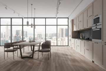 Wooden home kitchen interior with dining table and seats, panoramic window