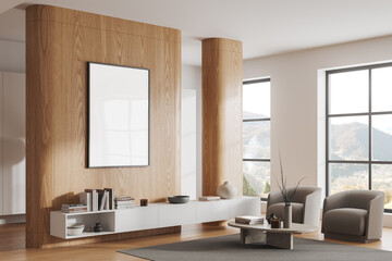 Wooden home living room interior with relax place and decoration, mockup frame