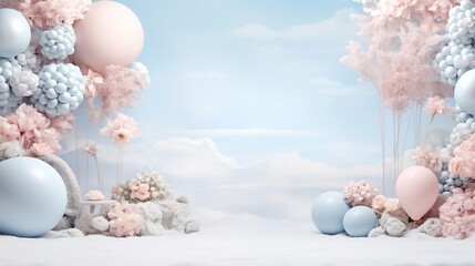 Scene decorated with balloons and flowers in the background, light blue and light gray style, mysterious backgrounds