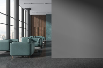 Grey hotel reception interior with couch in row near window. Mock up wall