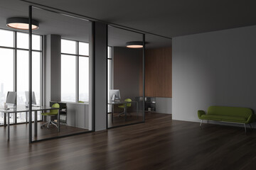 Grey business interior with workplace and relax zone, glass partition and window