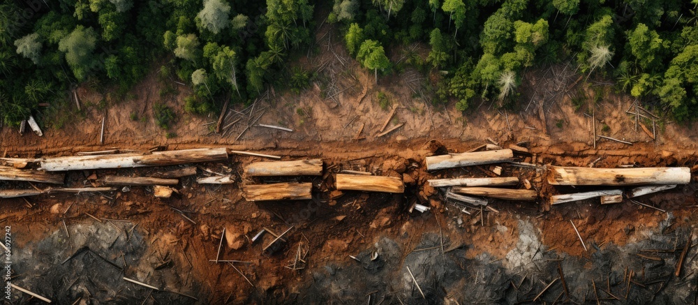 Canvas Prints Aerial view showing deforestation in tropical rainforest leads to habitat loss and man made climate change With copyspace for text