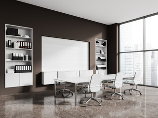 Dark office room interior with meeting table and chairs, panoramic window