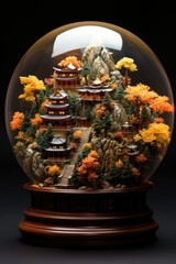 A snow globe with a miniature japanese village in autumn.