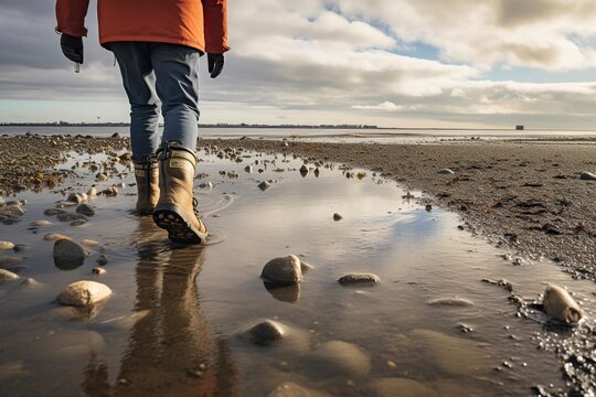 man walking in rubber boots in the Wadden Sea
