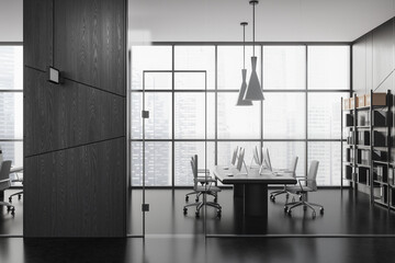 Dark wooden and glass office hall with open space area