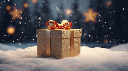 Beautiful Christmas gift boxes with gold ribbon with winter background with snow. 