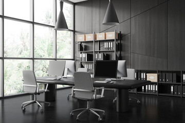Modern workplace interior with pc monitors and shelf, panoramic window