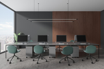 Wooden and gray open space office with long table