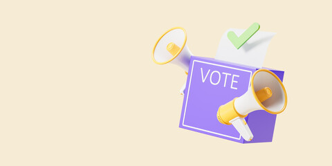 Megaphone with ballot box and list with green tick, election copy space