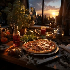 An image of an art kitchen with a pizza