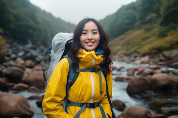Smiling Asian Woman Enjoying Nature on a Mountain Hiking Adventure - 658928831