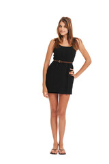 Woman, full body and portrait beauty for smile trend advertising promotion, cosmetic deal in studio. Young female person, model and hand hip pose fashion clothes marketing, branding promo or pride