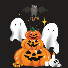 Happy Halloween, cute spooky white ghosts in Halloween orange pumpkin on blue background , Autumn holiday celebration, vector illustration graphics