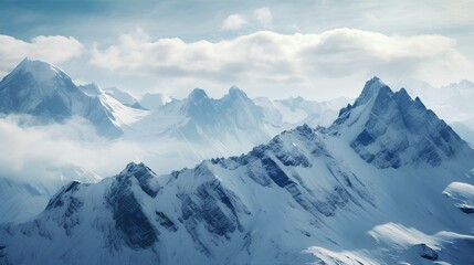 High mountains covered with snow in winter, clear skies and clouds. generative AI 