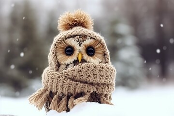 Cute owl cap. Bird portrait. Generate Ai - obrazy, fototapety, plakaty