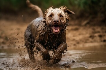 Dog dirty mud running. Cute animal. Generate Ai